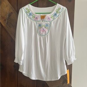 Ruby Rd. White Blouse with Floral Embroidery